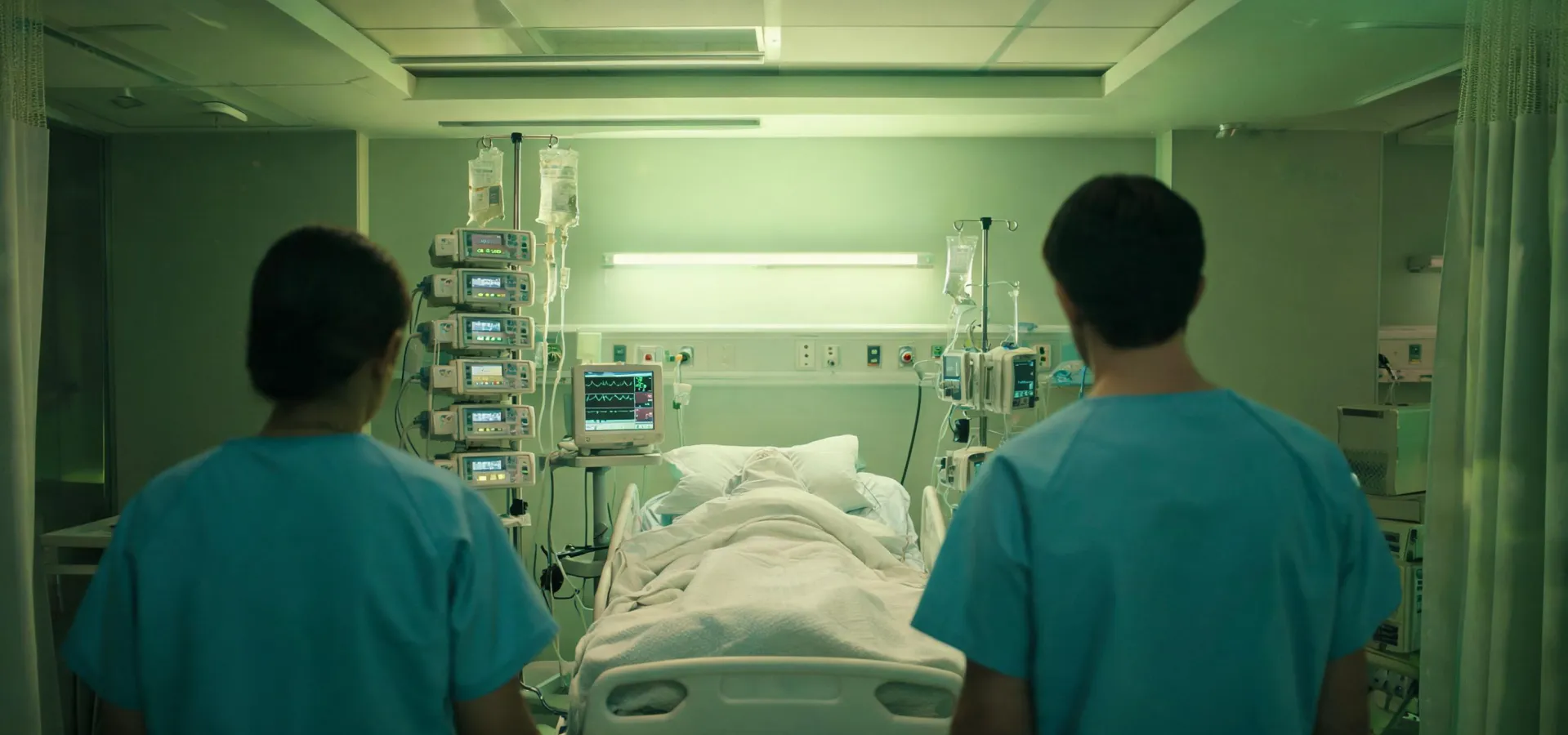ICU bedside with infusion pumps and patient monitor