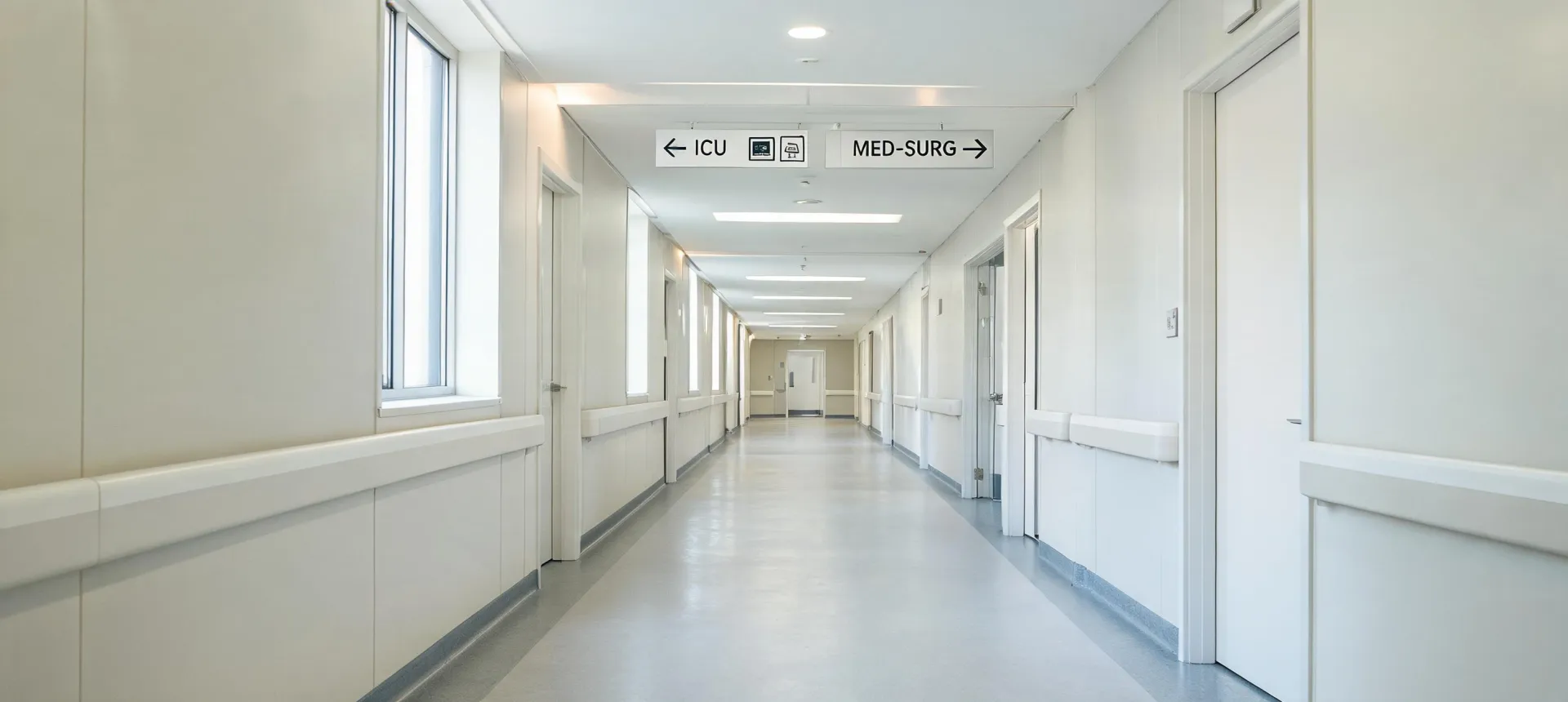 Hospital corridor leading to critical care units